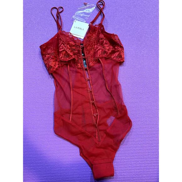 $446 La Perla Red Lace Bodysuit One Piece Womens Size Small Lingerie New - Picture 1 of 10
